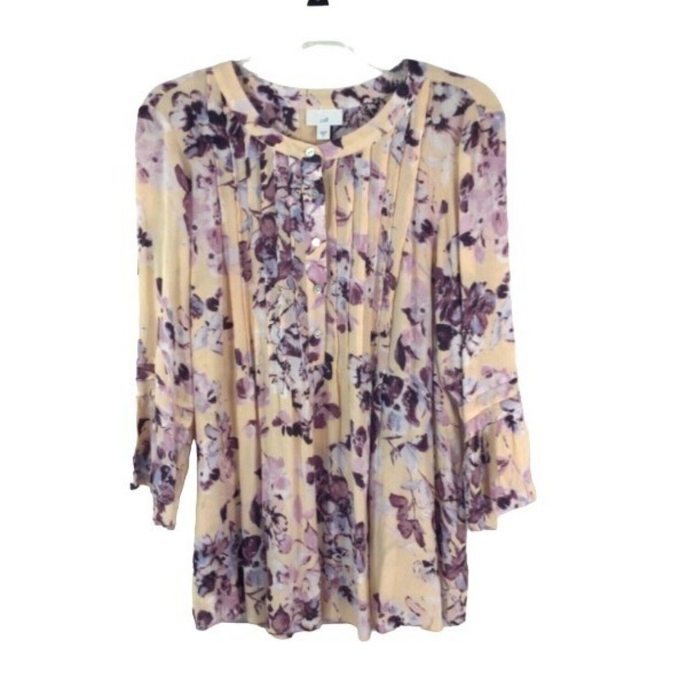 J Jill Women's Sz M Pink & Yellow Fairy Floral‎ Long Sleeve Pullover Blouse